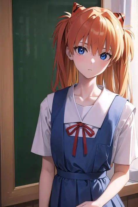 asukalangley, <lora:asukalangleysouryuu-lora-nochekaiser:1>,
asuka langley soryu, (souryuu asuka langley:1.5), blue eyes, hair between eyes, headgear, interface headset, orange hair, two side up,
BREAK blue dress, collarbone, dress, neck ribbon, pinafore dress, red ribbon, ribbon, school uniform, shirt, short sleeves, (tokyo-3 middle school uniform:1.5), suspenders, suspender skirt, white shirt,
BREAK indoors, classroom,
BREAK looking at viewer, (cowboy shot:1.5),
BREAK <lora:GoodHands-beta2:1>, (masterpiece:1.2), best quality, high resolution, unity 8k wallpaper, (illustration:0.8), (beautiful detailed eyes:1.6), extremely detailed face, perfect lighting, extremely detailed CG, (perfect hands, perfect anatomy),