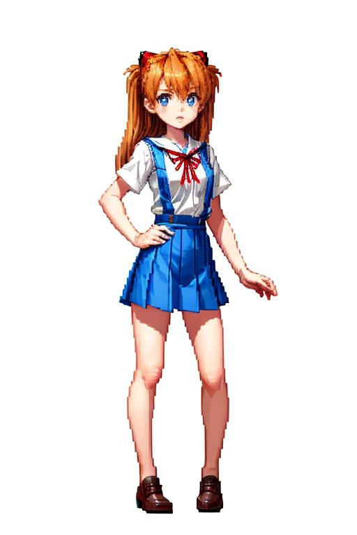 (masterpiece, top quality, best quality), pixel,pixel art,1girl,full body, 
 <lora:pixel_f2:0.5>  <lora:asukalangley:1> asuka langley soryu, blue eyes, hair between eyes, headgear,orange hair,, red ribbon, ribbon, school uniform, skirt, suspender skirt, suspenders, tokyo-3 middle school uniform,