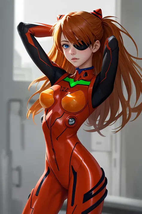 1girl,arms behind head, <lora:asukalangley:1> asuka langley soryu, blue eyes, hair between eyes, headgear, interface headset, orange hair,
bodysuit, (eyepatch:1.2), hat, long sleeves, plugsuit, red bodysuit,