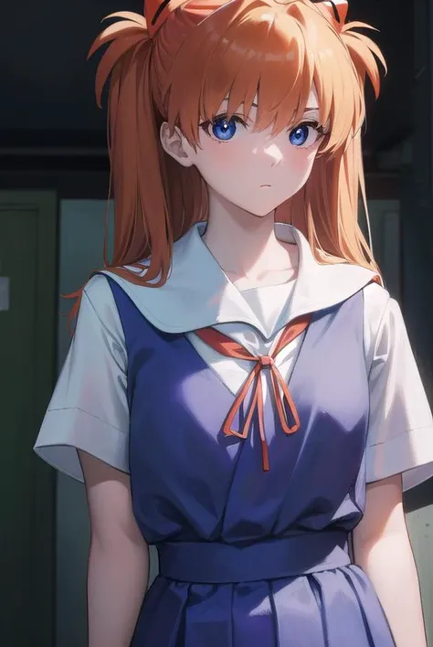 asukalangley, <lora:asukalangleysouryuu-lora-nochekaiser:1>,
asuka langley soryu, (souryuu asuka langley:1.5), blue eyes, hair between eyes, headgear, interface headset, orange hair, two side up,
BREAK blue dress, collarbone, dress, neck ribbon, pinafore dress, red ribbon, ribbon, school uniform, shirt, short sleeves, (tokyo-3 middle school uniform:1.5), suspenders, suspender skirt, white shirt,
BREAK indoors, classroom,
BREAK looking at viewer, (cowboy shot:1.5),
BREAK <lora:GoodHands-beta2:1>, (masterpiece:1.2), best quality, high resolution, unity 8k wallpaper, (illustration:0.8), (beautiful detailed eyes:1.6), extremely detailed face, perfect lighting, extremely detailed CG, (perfect hands, perfect anatomy),