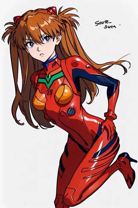 (1girl, solo, masterpiece, 4k, ((cowboy shot)), best quality:1.2, NICE HANDS, COLORFUL), asuka langley soryu, blue eyes, hair between eyes, headgear, interface headset, orange hair, , bodysuit, long sleeves, plugsuit, red bodysuit, ((small breasts, big hips, looking at the viewer)), ((white background)),