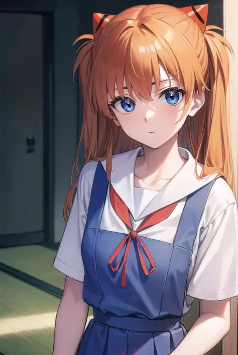 asukalangley, <lora:asukalangleysouryuu-lora-nochekaiser:1>,
asuka langley soryu, (souryuu asuka langley:1.5), blue eyes, hair between eyes, headgear, interface headset, orange hair, two side up,
BREAK blue dress, collarbone, dress, neck ribbon, pinafore dress, red ribbon, ribbon, school uniform, shirt, short sleeves, (tokyo-3 middle school uniform:1.5), suspenders, suspender skirt, white shirt,
BREAK indoors, classroom,
BREAK looking at viewer, (cowboy shot:1.5),
BREAK <lora:GoodHands-beta2:1>, (masterpiece:1.2), best quality, high resolution, unity 8k wallpaper, (illustration:0.8), (beautiful detailed eyes:1.6), extremely detailed face, perfect lighting, extremely detailed CG, (perfect hands, perfect anatomy),