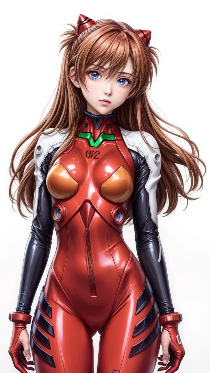 <lyco:GoodHands-beta2:1>, (1girl, solo, masterpiece, 4k, ((cowboy shot)), best quality:1.2, NICE HANDS, COLORFUL), asuka langley soryu, blue eyes, hair between eyes, headgear, interface headset, orange hair, , bodysuit, long sleeves, plugsuit, red bodysuit, ((small breasts, big hips, looking at the viewer)), ((white background)),