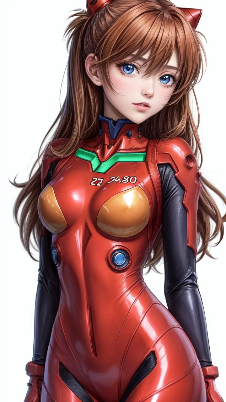 <lyco:GoodHands-beta2:1>, (1girl, solo, masterpiece, 4k, ((cowboy shot)), best quality:1.2, NICE HANDS, COLORFUL), asuka langley soryu, blue eyes, hair between eyes, headgear, interface headset, orange hair, , bodysuit, long sleeves, plugsuit, red bodysuit, ((small breasts, big hips, looking at the viewer)), ((white background)),