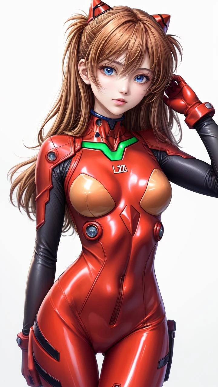 <lyco:GoodHands-beta2:1>, (1girl, solo, masterpiece, 4k, ((cowboy shot)), best quality:1.2, NICE HANDS, COLORFUL), asuka langley soryu, blue eyes, hair between eyes, headgear, interface headset, orange hair, , bodysuit, long sleeves, plugsuit, red bodysuit, ((small breasts, big hips, looking at the viewer)), ((white background)),