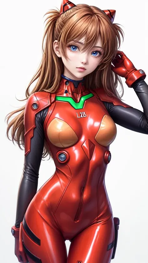 <lyco:GoodHands-beta2:1>, (1girl, solo, masterpiece, 4k,  ((cowboy shot)), best quality:1.2, NICE HANDS, COLORFUL), asuka langley soryu, blue eyes, hair between eyes, headgear, interface headset, orange hair,  , bodysuit, long sleeves, plugsuit, red bodysuit, ((small breasts, big hips, looking at the viewer)), ((white background)),