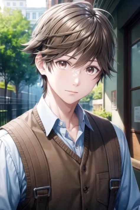 masterpiece, best quality, game cg, 1boy, solo, male focus, looking at viewer, upper body, depth of field, <lora:kensuke_ooshiba:0.74>, kensuke_ooshiba, brown hair, brown eyes, , atompunk, 32k resolution