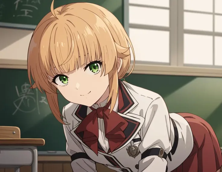 score_9, score_8_up, score_7_up, source_anime,
norngreyrat, <lora:norn-greyrat-s2-ponyxl-lora-nochekaiser:1>,
norn greyrat, bangs, blonde hair, green eyes, ahoge,
long sleeves, bow, school uniform, jacket, bowtie, red bow, skirt, red skirt, white jacket,
indoors, classroom, bent over, smile,
solo, dutch angle, looking at viewer, cowboy shot,