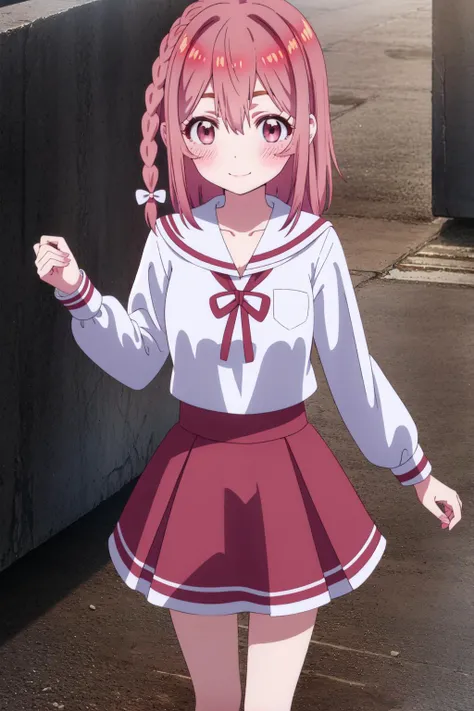 <lora:sumi sakurasawa s1-lora-nochekaiser:1> solo, sumi sakurasawa, bangs, (pink eyes:1.3), hair between eyes, pink hair, braid, hair bow, long hair, (thick eyebrows:0.6), skirt, shirt, long sleeves, bow, ribbon, school uniform, white shirt, serafuku, sailor collar, red ribbon, neck ribbon, red skirt, white sailor collar, (blush, smile:1.4), small breasts, town, looking at viewer