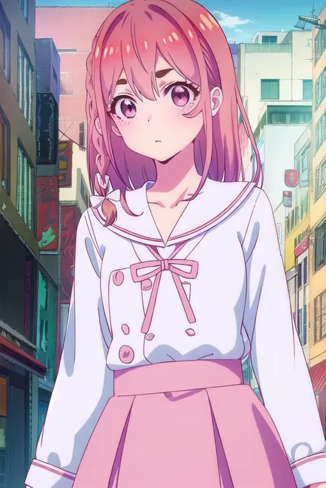 sumisakurasawa, <lora:sumi sakurasawa s1-lora-nochekaiser:1>,
sumi sakurasawa, bangs, (pink eyes:1.3), hair between eyes, pink hair, braid, hair bow, thick eyebrows,
BREAK skirt, shirt, long sleeves, bow, ribbon, school uniform, white shirt, serafuku, sailor collar, red ribbon, neck ribbon, red skirt, white sailor collar,
BREAK outdoors, cityscape, buildings, crowd, people,
BREAK looking at viewer, (cowboy shot:1.5),
BREAK <lyco:GoodHands-beta2:1>, (masterpiece:1.2), best quality, high resolution, unity 8k wallpaper, (illustration:0.8), (beautiful detailed eyes:1.6), extremely detailed face, perfect lighting, extremely detailed CG, (perfect hands, perfect anatomy),