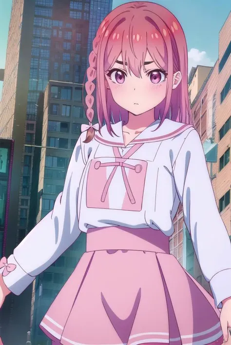 sumisakurasawa, <lora:sumi sakurasawa s1-lora-nochekaiser:1>,
sumi sakurasawa, bangs, (pink eyes:1.3), hair between eyes, pink hair, braid, hair bow, thick eyebrows,
BREAK skirt, shirt, long sleeves, bow, ribbon, school uniform, white shirt, serafuku, sailor collar, red ribbon, neck ribbon, red skirt, white sailor collar,
BREAK outdoors, cityscape, buildings, crowd, people,
BREAK looking at viewer, (cowboy shot:1.5),
BREAK <lyco:GoodHands-beta2:1>, (masterpiece:1.2), best quality, high resolution, unity 8k wallpaper, (illustration:0.8), (beautiful detailed eyes:1.6), extremely detailed face, perfect lighting, extremely detailed CG, (perfect hands, perfect anatomy),