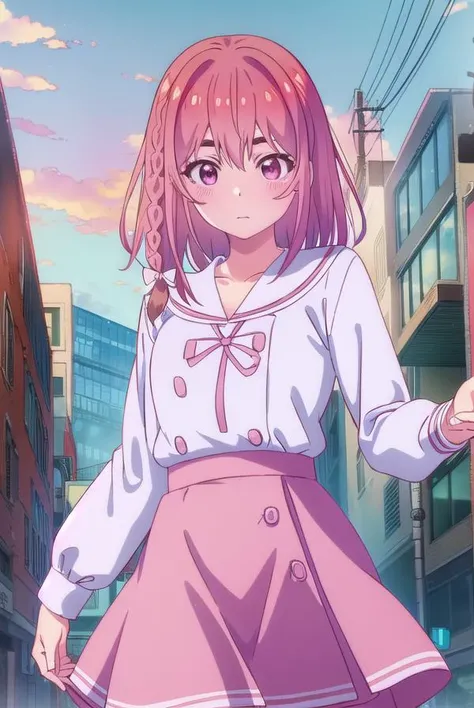 sumisakurasawa, <lora:sumi sakurasawa s1-lora-nochekaiser:1>,
sumi sakurasawa, bangs, (pink eyes:1.3), hair between eyes, pink hair, braid, hair bow, thick eyebrows,
BREAK skirt, shirt, long sleeves, bow, ribbon, school uniform, white shirt, serafuku, sailor collar, red ribbon, neck ribbon, red skirt, white sailor collar,
BREAK outdoors, cityscape, buildings, crowd, people,
BREAK looking at viewer, (cowboy shot:1.5),
BREAK <lyco:GoodHands-beta2:1>, (masterpiece:1.2), best quality, high resolution, unity 8k wallpaper, (illustration:0.8), (beautiful detailed eyes:1.6), extremely detailed face, perfect lighting, extremely detailed CG, (perfect hands, perfect anatomy),
