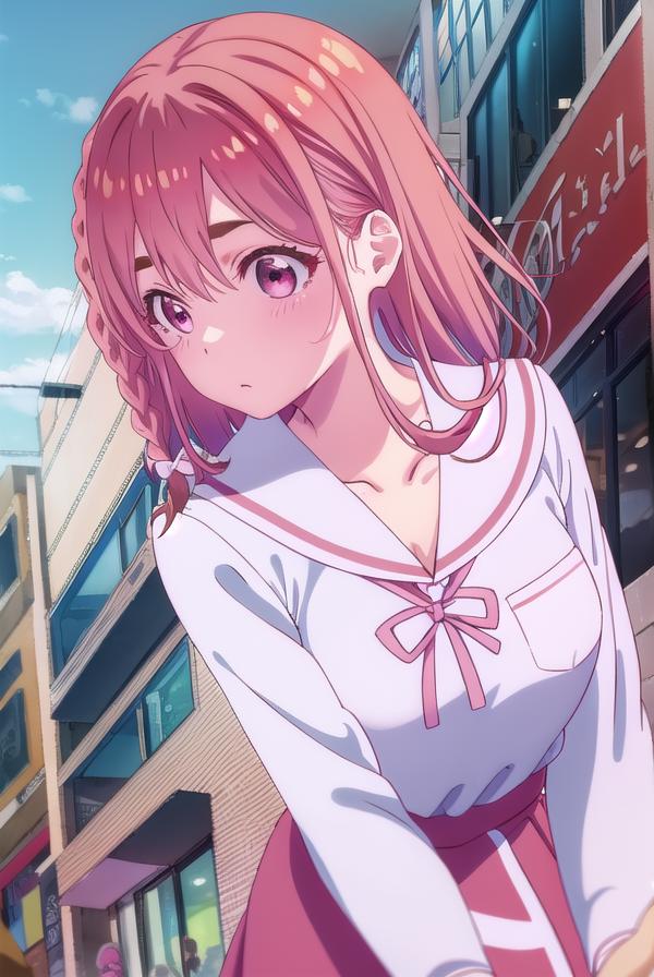 Anime girl in a pink dress standing in front of a building - SeaArt AI