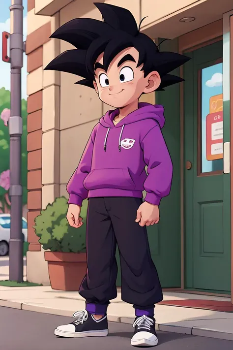 <lora:GotenV1:0.4>,gotenv1, spiked hair, black hair,cel shaded,European and American cartoons, original character design, hand-drawn drafts, 1boy, solo, grey_pants, male_focus, smile, shoes, pants, full_body, sneakers, purple_footwear, standing, hood_down, clenched_hand, long_sleeves, embarrassed, <lora:Animated characters:0.4>,<lora:GoodHands-vanilla:1>