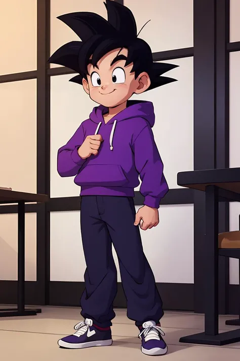 <lora:GotenV1:0.4>,gotenv1, spiked hair, black hair,cel shaded,European and American cartoons, original character design, hand-drawn drafts, 1boy, solo, grey_pants, male_focus, smile, shoes, pants, full_body, sneakers, purple_footwear, standing, hood_down, clenched_hand, long_sleeves, embarrassed, <lora:Animated characters:0.4>,<lora:GoodHands-vanilla:1>