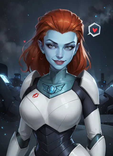 1girl, face portrait of miranova, evil smile, blue skin, spacesuit, night, particles, spoken heart, looking at viewer, volumetric lighting, best quality, masterpiece, realistic <lora:miraNova_v1:0.8>