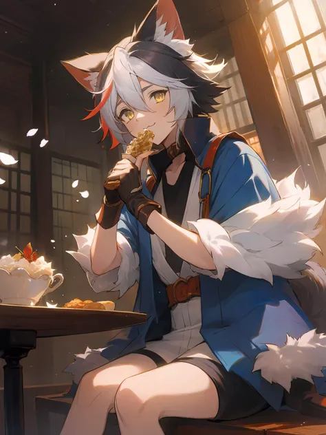 masterpiece,best quality,highres,cinematic lighting,dramatic angle,<lora:ShadowverseItsurugiV4-000018:0.8> ,1boy,young,multicolored hair,happy,petals,animal ears,fur-trimmed,tail,gloves,collar,pocket,pedals,yellow eyes,blue jacket,white shirt,shorts,looking at viewer,cowboy shot,depth of field,short sleeves,sitting,japanese architecture,eating,:3,sitting across table,dishes,foods