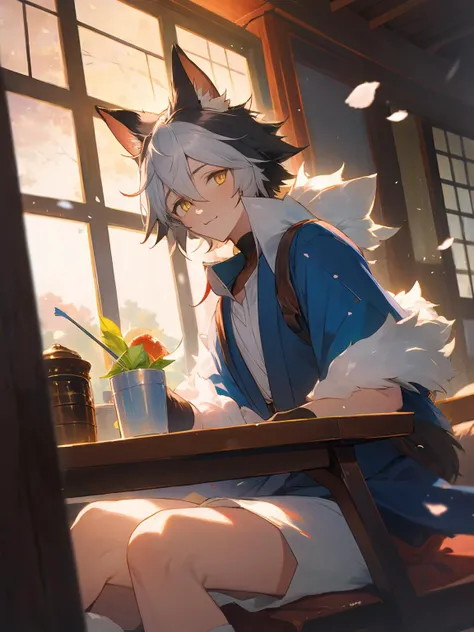 masterpiece,best quality,highres,cinematic lighting,dramatic angle,<lora:ShadowverseItsurugiV4-000018:0.8> ,1boy,young,multicolored hair,happy,petals,animal ears,fur-trimmed,tail,gloves,collar,pocket,pedals,yellow eyes,blue jacket,white shirt,shorts,looking at viewer,cowboy shot,depth of field,short sleeves,sitting,japanese architecture,eating,:3,sitting across table,dishes,foods,red skirt