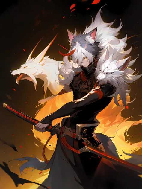 masterpiece,best quality,highres,cinematic lighting,dramatic angle,<lora:ShadowverseItsurugiV4-000018:0.8> ,1boy,matured,multicolored hair,serious,holding weapon,flaming,aura,katana,petals,animal ears,fur-trimmed,tail,turtleneck,shoulder cutoff,black suit,long skirt,yellow eyes,looking at viewer,cowboy shot,depth of field,short sleeves,cape,wolf,crotch armor,dress,portrait,dynatic angle,action pose,shaded face,unsheathing,glowing,flaming