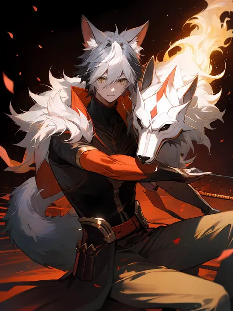 masterpiece,best quality,highres,cinematic lighting,dramatic angle,<lora:ShadowverseItsurugiV4-000018:0.8> ,1boy,matured,multicolored hair,serious,holding weapon,flaming,aura,katana,petals,animal ears,fur-trimmed,tail,turtleneck,shoulder cutoff,black suit,long skirt,yellow eyes,looking at viewer,cowboy shot,depth of field,short sleeves,sitting,cape,wolf,cowboy shot,crotch armor,dress,portrait