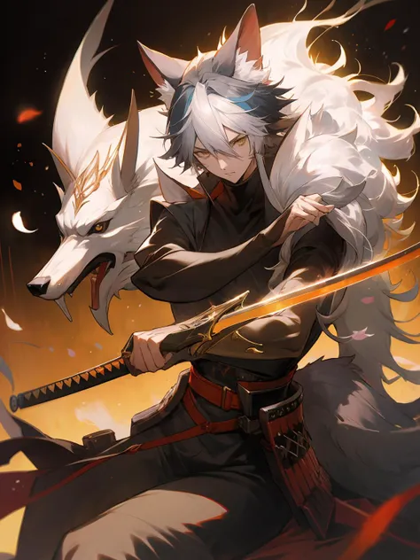 masterpiece,best quality,highres,cinematic lighting,dramatic angle,<lora:ShadowverseItsurugiV4-000018:0.8> ,1boy,matured,multicolored hair,serious,holding weapon,flaming,aura,katana,petals,animal ears,fur-trimmed,tail,turtleneck,shoulder cutoff,black suit,long skirt,yellow eyes,looking at viewer,cowboy shot,depth of field,short sleeves,sitting,cape,wolf,cowboy shot,crotch armor,dress,portrait