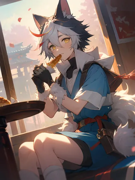 masterpiece,best quality,highres,cinematic lighting,dramatic angle,<lora:ShadowverseItsurugiV4-000018:0.8> ,1boy,young,multicolored hair,happy,petals,animal ears,fur-trimmed,tail,gloves,collar,pocket,pedals,yellow eyes,blue jacket,white shirt,shorts,looking at viewer,cowboy shot,depth of field,short sleeves,sitting,japanese architecture,eating,:3,sitting across table,dishes,foods,red skirt