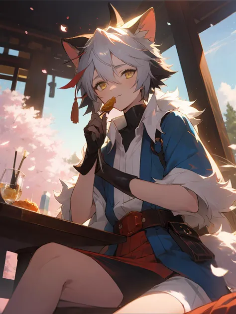masterpiece,best quality,highres,cinematic lighting,dramatic angle,<lora:ShadowverseItsurugiV4-000018:0.8> ,1boy,young,multicolored hair,happy,petals,animal ears,fur-trimmed,tail,gloves,collar,pocket,pedals,yellow eyes,blue jacket,white shirt,shorts,looking at viewer,cowboy shot,depth of field,short sleeves,sitting,japanese architecture,eating,:3,sitting across table,dishes,foods,red skirt