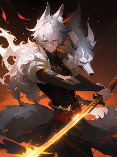 masterpiece,best quality,highres,cinematic lighting,dramatic angle,<lora:ShadowverseItsurugiV4-000018:0.8> ,1boy,matured,multicolored hair,serious,holding weapon,flaming,aura,katana,petals,animal ears,fur-trimmed,tail,turtleneck,shoulder cutoff,black suit,yellow eyes,looking at viewer,cowboy shot,depth of field,short sleeves,cape,wolf,portrait,dynatic angle,action pose,shaded face,unsheathing,glowing,flaming,close-up