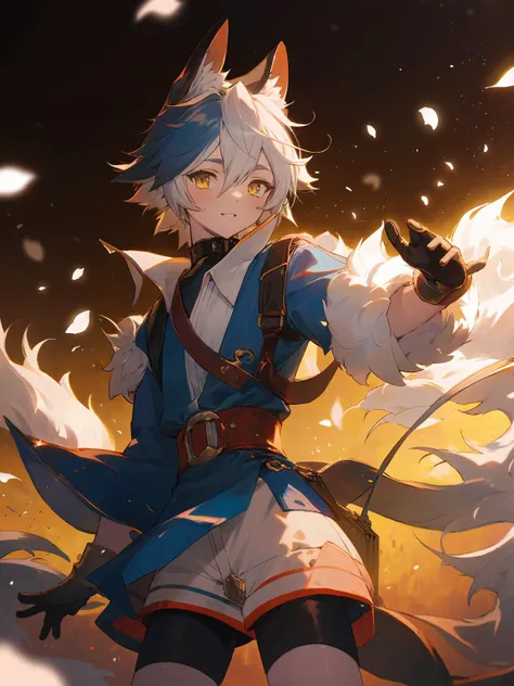 masterpiece,best quality,highres,cinematic lighting,dramatic angle,<lora:ShadowverseItsurugiV4-000018:0.8> ,1boy,young,multicolored hair,happy,petals,animal ears,fur-trimmed,tail,gloves,collar,pocket,pedals,yellow eyes,blue jacket,white shirt,shorts,looking at viewer,cowboy shot,depth of field