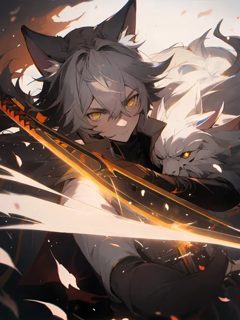 masterpiece,best quality,highres,cinematic lighting,dramatic angle,<lora:ShadowverseItsurugiV4-000018:0.8> ,1boy,matured,multicolored hair,serious,holding weapon,flaming,aura,katana,petals,animal ears,fur-trimmed,tail,turtleneck,shoulder cutoff,black suit,yellow eyes,looking at viewer,depth of field,short sleeves,cape,wolf,portrait,dynatic angle,action pose,shaded face,unsheathing,glowing,flaming,close-up
