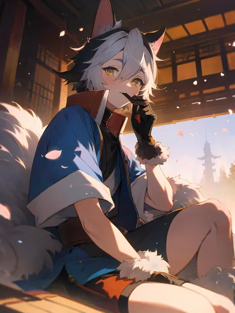 masterpiece,best quality,highres,cinematic lighting,dramatic angle,<lora:ShadowverseItsurugiV4-000018:0.8> ,1boy,young,multicolored hair,happy,petals,animal ears,fur-trimmed,tail,gloves,collar,pocket,pedals,yellow eyes,blue jacket,white shirt,shorts,looking at viewer,cowboy shot,depth of field,short sleeves,sitting,roof,japanese architecture,eating