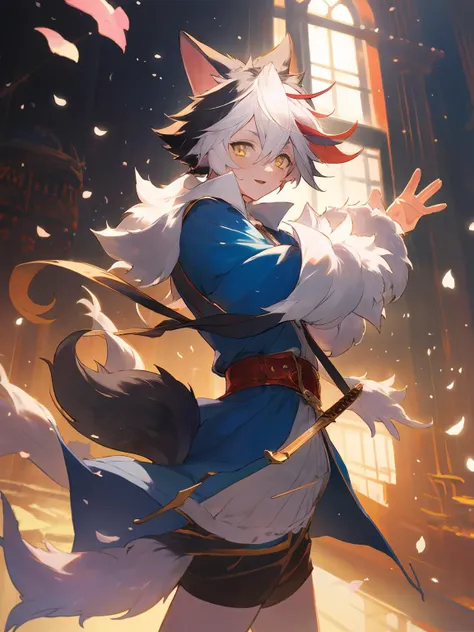 masterpiece,best quality,highres,cinematic lighting,dramatic angle,<lora:ShadowverseItsurugiV4-000018:0.8> ,1boy,young,multicolored hair,happy,petals,animal ears,fur-trimmed,tail,pedals,holding weapon,yellow eyes,blue jacket,white shirt,shorts,looking at viewer,waving hands,cowboy shot,depth of field