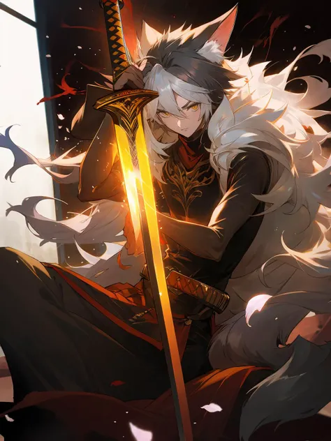 masterpiece,best quality,highres,cinematic lighting,dramatic angle,<lora:ShadowverseItsurugiV4-000018:0.8> ,1boy,matured,multicolored hair,serious,holding weapon,flaming,aura,katana,petals,animal ears,fur-trimmed,tail,turtleneck,shoulder cutoff,black suit,long skirt,yellow eyes,looking at viewer,cowboy shot,depth of field,short sleeves,sitting,cape,wolf