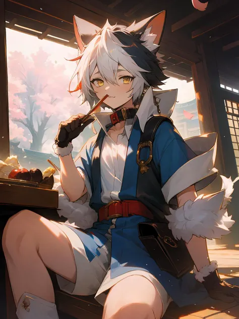 masterpiece,best quality,highres,cinematic lighting,dramatic angle,<lora:ShadowverseItsurugiV4-000018:0.8> ,1boy,young,multicolored hair,happy,petals,animal ears,fur-trimmed,tail,gloves,collar,pocket,pedals,yellow eyes,blue jacket,white shirt,shorts,looking at viewer,cowboy shot,depth of field,short sleeves,sitting,japanese architecture,eating,:3,sitting across table,dishes,foods,red skirt