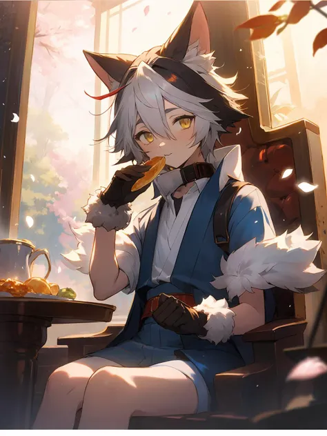 masterpiece,best quality,highres,cinematic lighting,dramatic angle,<lora:ShadowverseItsurugiV4-000018:0.8> ,1boy,young,multicolored hair,happy,petals,animal ears,fur-trimmed,tail,gloves,collar,pocket,pedals,yellow eyes,blue jacket,white shirt,shorts,looking at viewer,cowboy shot,depth of field,short sleeves,sitting,japanese architecture,eating,:3,sitting across table,dishes,foods