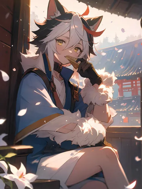 masterpiece,best quality,highres,cinematic lighting,dramatic angle,<lora:ShadowverseItsurugiV4-000018:0.8> ,1boy,young,multicolored hair,happy,petals,animal ears,fur-trimmed,tail,gloves,collar,pocket,pedals,yellow eyes,blue jacket,white shirt,shorts,looking at viewer,cowboy shot,depth of field,short sleeves,sitting,roof,japanese architecture,eating