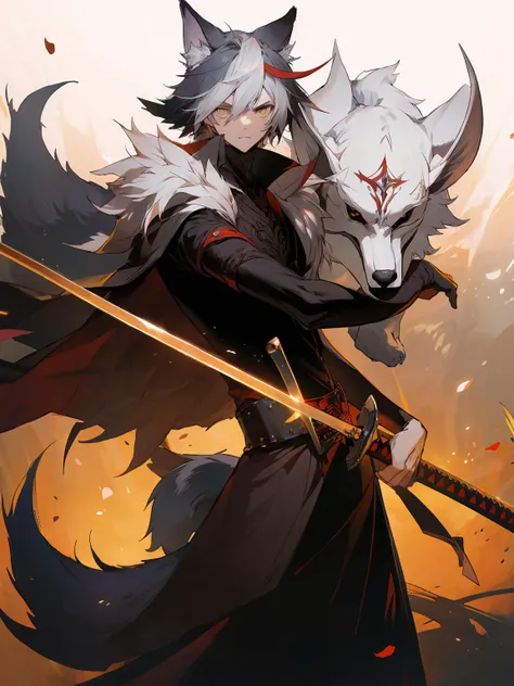 masterpiece,best quality,highres,cinematic lighting,dramatic angle,<lora:ShadowverseItsurugiV4-000018:0.8> ,1boy,matured,multicolored hair,serious,holding weapon,flaming,aura,katana,petals,animal ears,fur-trimmed,tail,turtleneck,shoulder cutoff,black suit,long skirt,yellow eyes,looking at viewer,cowboy shot,depth of field,short sleeves,cape,wolf,crotch armor,dress,portrait,dynatic angle,action pose,from below,shaded face
