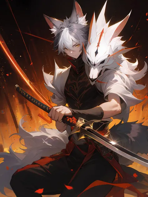masterpiece,best quality,highres,cinematic lighting,dramatic angle,<lora:ShadowverseItsurugiV4-000018:0.8> ,1boy,matured,multicolored hair,serious,holding weapon,flaming,aura,katana,petals,animal ears,fur-trimmed,tail,turtleneck,shoulder cutoff,black suit,long skirt,yellow eyes,looking at viewer,cowboy shot,depth of field,short sleeves,sitting,cape,wolf