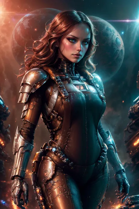 A stunning digital painting of (emb-daisy:1.5),masterpiece, best quality, high detailed, (As a female character in a Crysis Nanosuit, render a mesmerizing artwork set in the game's zero-gravity environment. The way her suit seems to glow softly against the backdrop of the infinite expanse of space, creates a scene of surreal beauty. The Nanosuit's sleek lines and formidable design are brilliantly highlighted as she maneuvers through the weightless environment, a symbol of technological prowess set against the vast cosmos.:1.5),(in the style of Boris Vallejo:1.3),(A pair of bold, retro-inspired sunglasses that shield her eyes from the sun while simultaneously adding a touch of glamour to her overall look.:1.9),(A voluminous, layered style with plenty of body and movement, styled in loose waves that frame the face.:1.3),epic fantasy character art, concept art, fantasy art, a character portrait, fantasy art, vibrant high contrast,trending on ArtStation, dramatic lighting, ambient occlusion, volumetric lighting, emotional, Deviant-art, hyper detailed illustration, 8k, gorgeous lighting, <lora:VampiricTech:0.45>,vamptech,, wearing excessive makeup,Blush,Mascara,Eyebrow pencil,Eyeshadow,Eyeliner,Lip liner,Lip gloss,(Dramatic lashes:1.3),Cut crease,Ombre lips,Graphic eyeliner,extreme makeup, eye shadow, lipstick, excessive makeup