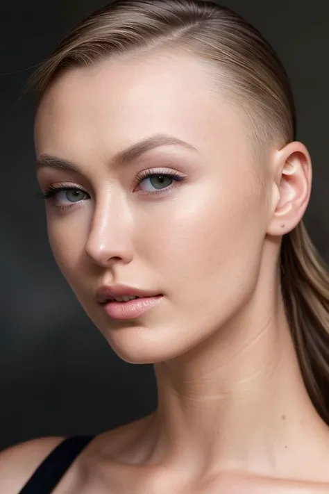 (CR-AlexaGrace-SDKoh:0.95), closeup photo of woman, (grey background:1.0), (oiled shiny skin:1.0), (tilted angle shot:1.0), (slick undercut hair:1.0),