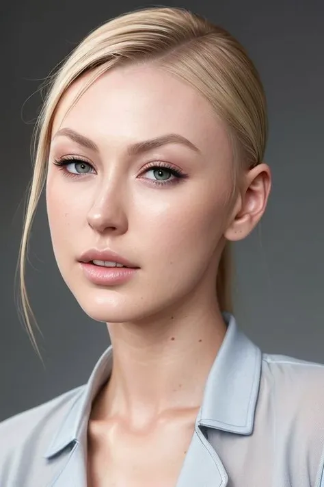 (CR-AlexaGrace-SDKoh:0.95), closeup photo of woman, (grey background:1.0), (oiled shiny skin:1.0), (tilted angle shot:1.0), (slick undercut hair:1.0),