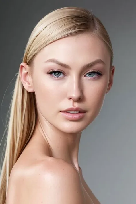 (CR-AlexaGrace-SDKoh:0.95), closeup photo of woman, (grey background:1.0), (oiled shiny skin:1.0), (tilted angle shot:1.0), (slick undercut hair:1.0),