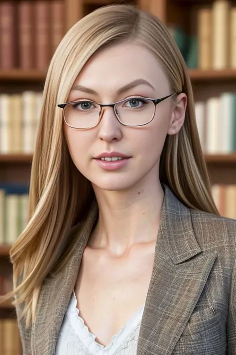 Picture, best quality, portrait illustration of Koh_AlexaV2-180, wearing luxury blazer, wearing glasses, library interior, intricately decorated books, bookshelves, bookcase, (high detailed skin:1.2), sharp focus, soft lighting, high quality, Fujifilm XT3 cryengine