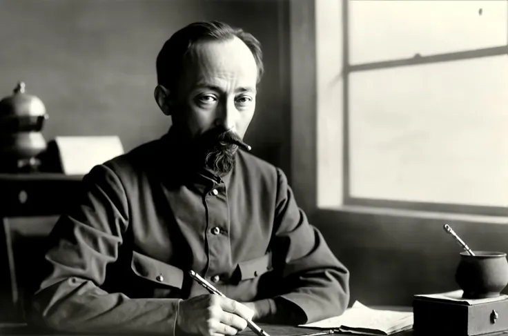 Dzerzhinsky working at table with documents <lora:Dzerzhinsky:0.7>, cigarettes, (ashtray:1.3), table, desk lamp, evening, slate atmosphere, cinematic, dimmed colors, dark shot, muted colors, film grainy, lut, spooky