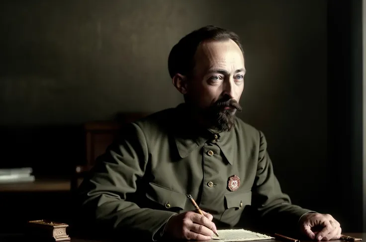 Dzerzhinsky working at table with documents <lora:Dzerzhinsky:0.7>, cigarettes, (ashtray:1.3), table, desk lamp, evening, slate atmosphere, cinematic, dimmed colors, dark shot, muted colors, film grainy, lut, spooky