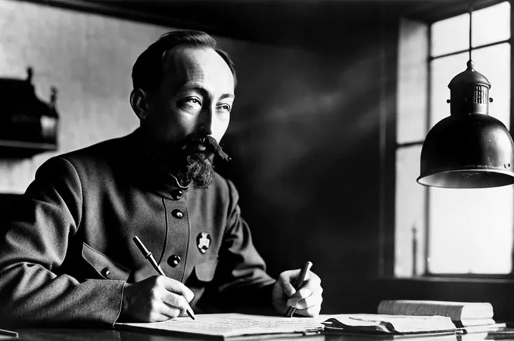 Dzerzhinsky working at table with documents <lora:Dzerzhinsky:0.7>, cigarettes, (ashtray:1.3), table, desk lamp