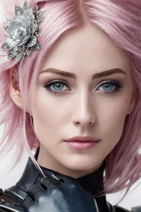 1girl, armor, blue_eyes, falling_petals, fingerless_gloves, gloves, lightning_farron, looking_at_viewer, parted_lips, pink_hair, short_hair, solo, masterpiece, illustration, best quality, highly detailed, ultra-detailed,an extremely delicate and beautiful girl,wallpaper, beautiful detailed eyes,solo