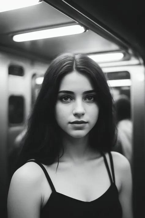 Best quality, masterpiece, ultra high res, (photorealistic:1.4), raw photo, ((monochrome)), ((grayscale)), black and white photography, street photography, trending on flickr, 1girl, offshoulder, in the dark, deep shadow, low key, cold light, deep contrast, bokeh, depth of field, (looking at viewer, softly smiling), a photo of a inside a subway car holding her cellphone, wall full of grafittis, Drew Tucker, award-winning photograph, a black and white photo, neoism, background crowds, people in backgrounds, ((upper body)), ((straight photo)),