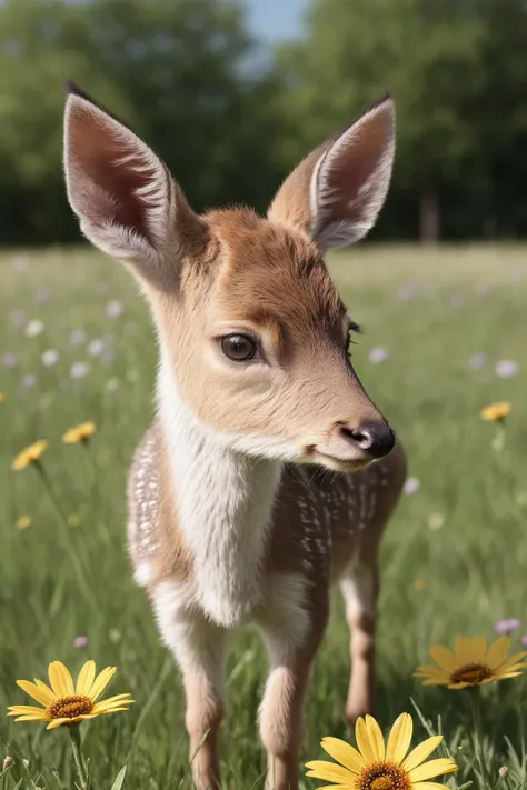a drawing of a cute little baby deer surrounded by beautiful flowers in a meadow, 8k resolution concept art( intricate details:1.2), beautiful eyes, sunlight, (high quality:1.2), trending on artstation, 8k, absurdres, chibi, extremely detailed fur,(close up:1.1)