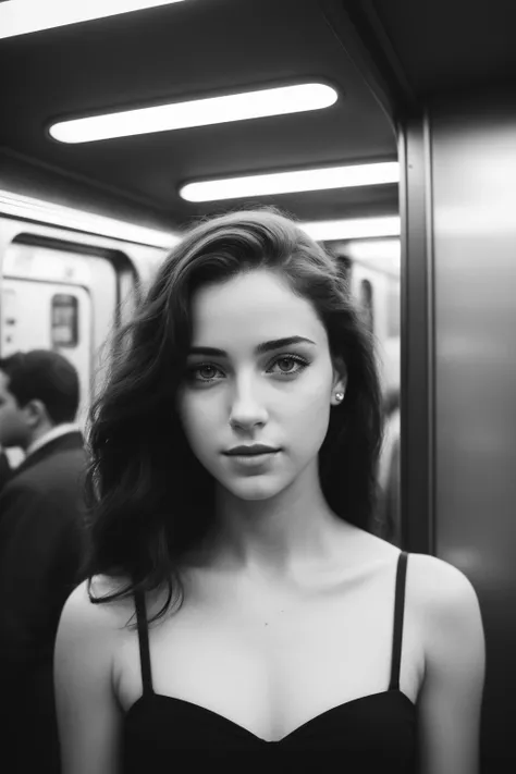 Best quality, masterpiece, ultra high res, (photorealistic:1.4), raw photo, ((monochrome)), ((grayscale)), black and white photography, street photography, trending on flickr, 1girl, offshoulder, in the dark, deep shadow, low key, cold light, deep contrast, bokeh, depth of field, (looking at viewer, softly smiling), a photo of a inside a subway car holding her cellphone, wall full of grafittis, Drew Tucker, award-winning photograph, a black and white photo, neoism, background crowds, people in backgrounds, ((upper body)), ((straight photo)),